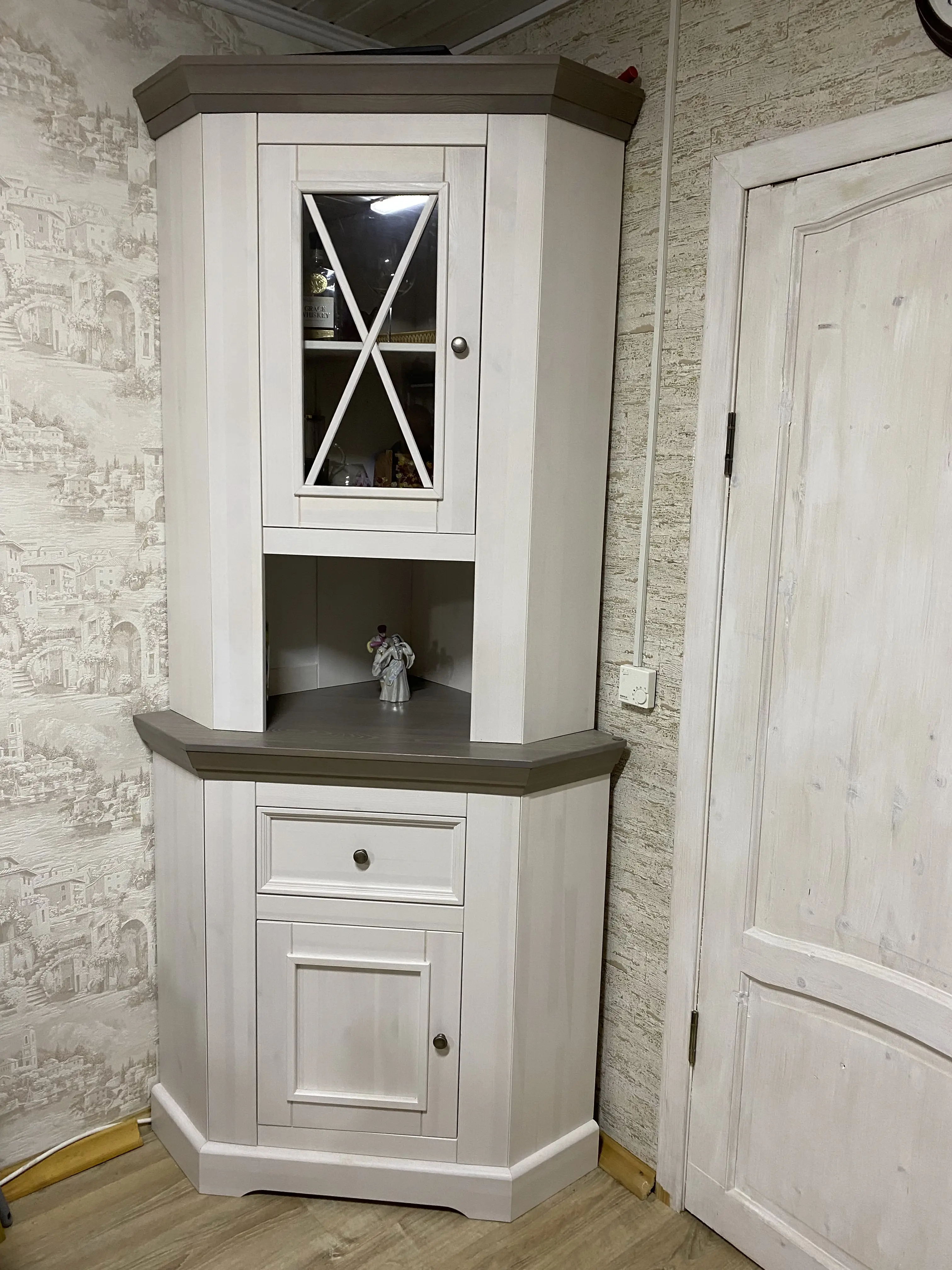 Комод буфета углового Форест белый воск/серый