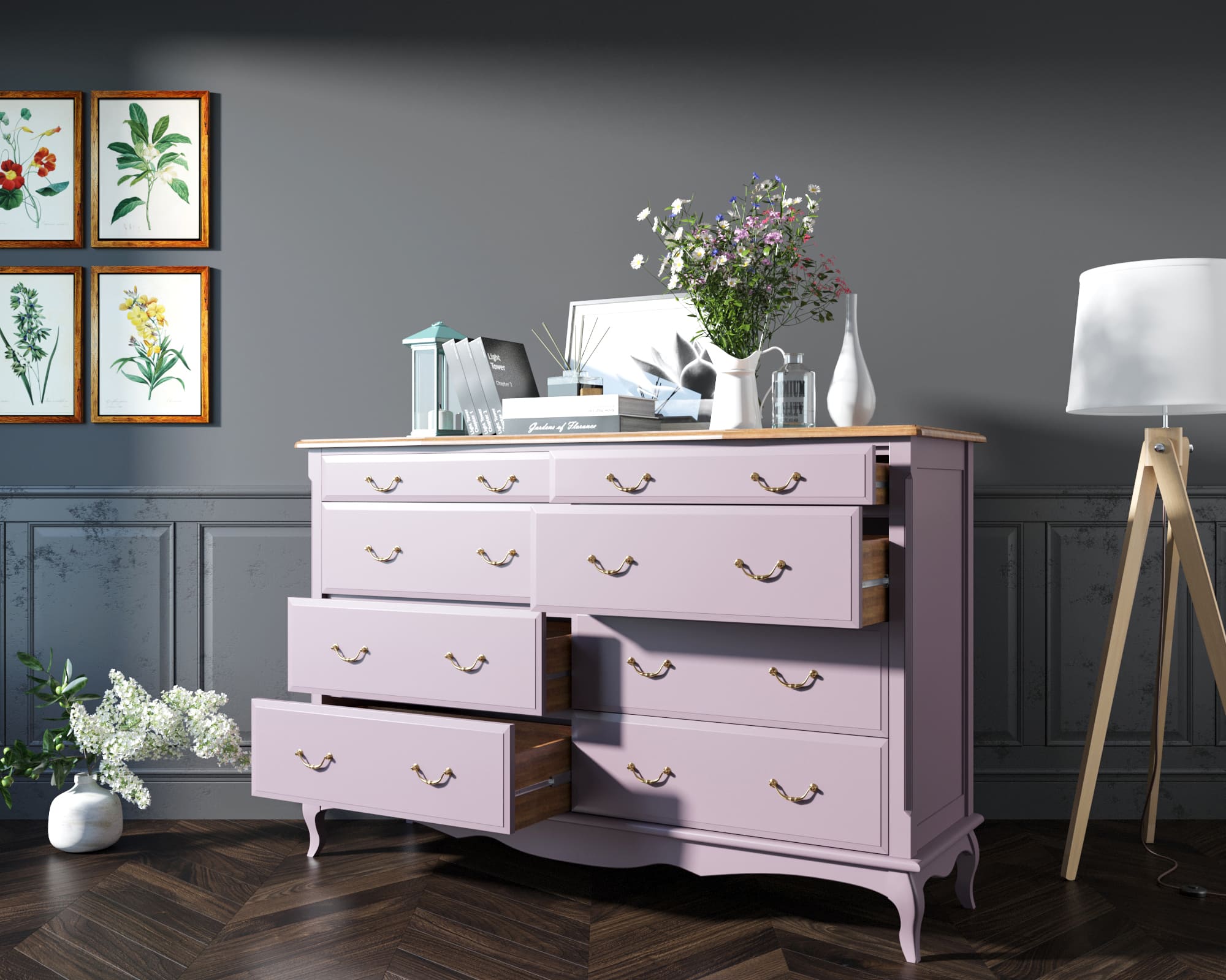 Комод массив  Leontina Lavanda на восемь ящиков арт ST9316/2L