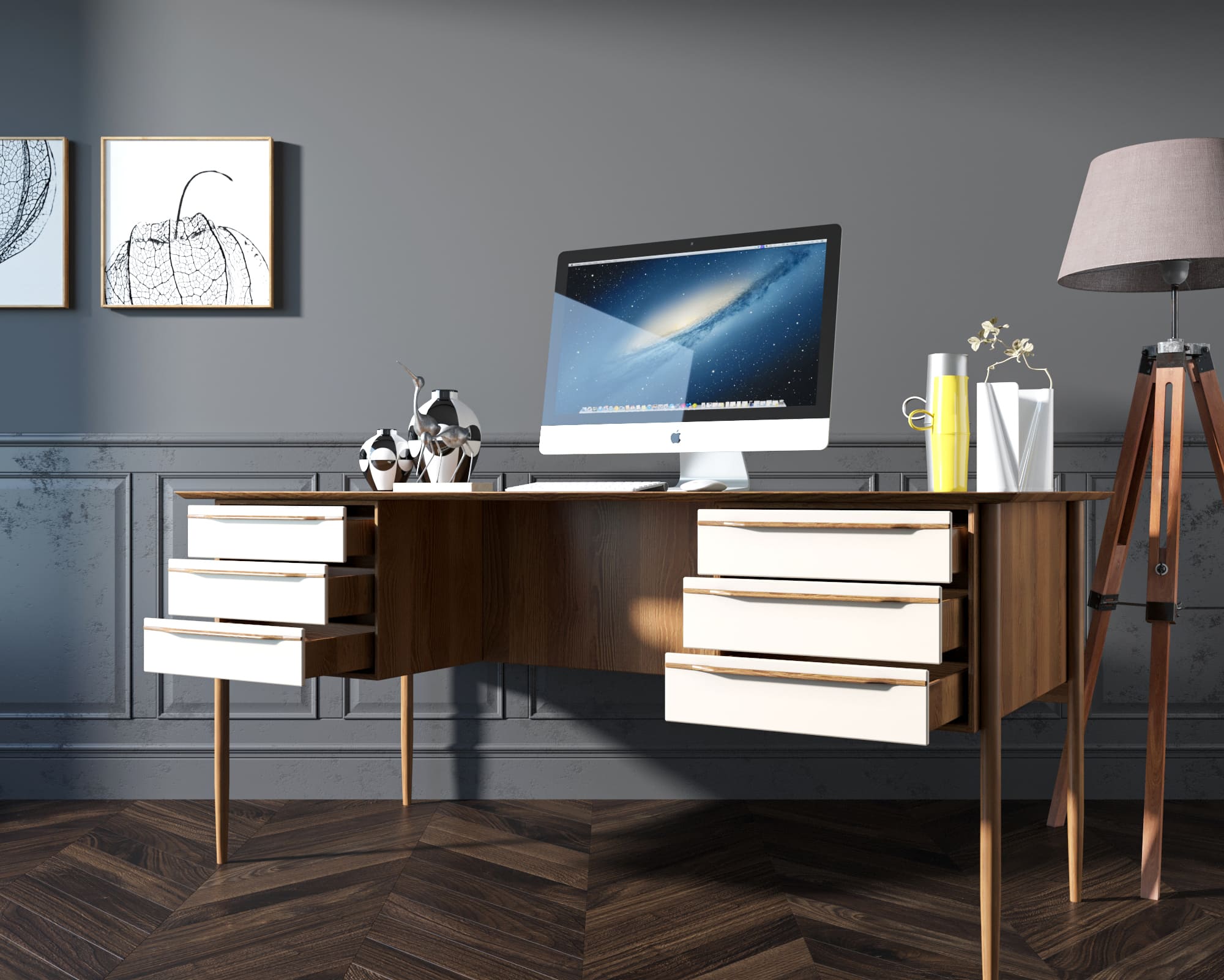 Рабочий письменный стол "Bruni white" с 6 ящиками