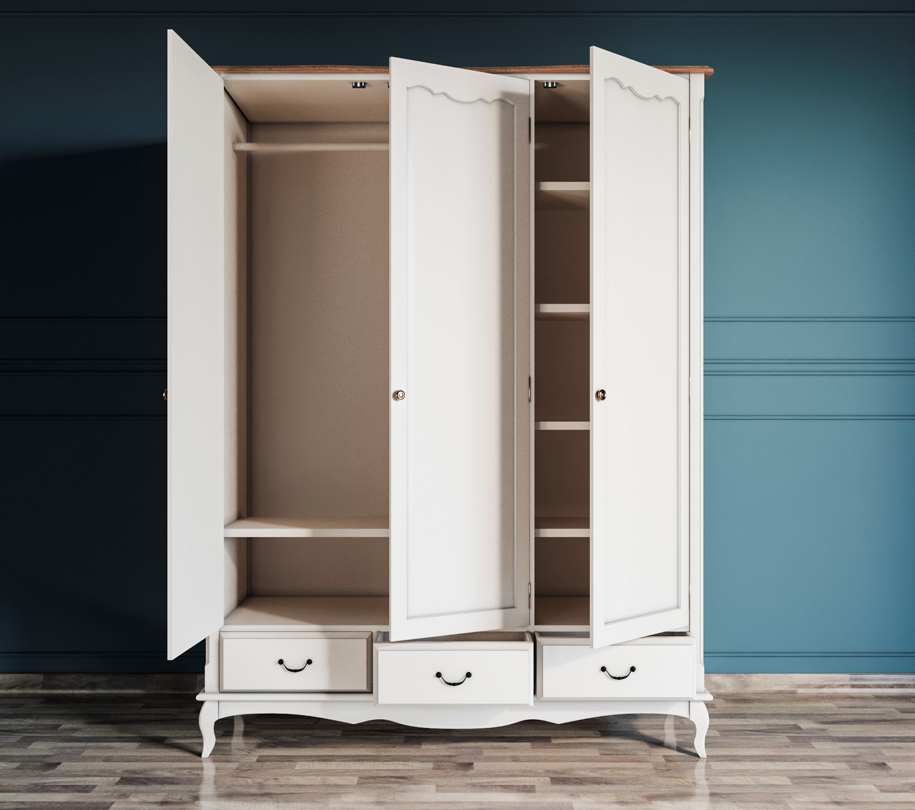 Шкаф Leontina для одежды белый трехстворчатый с ящиками