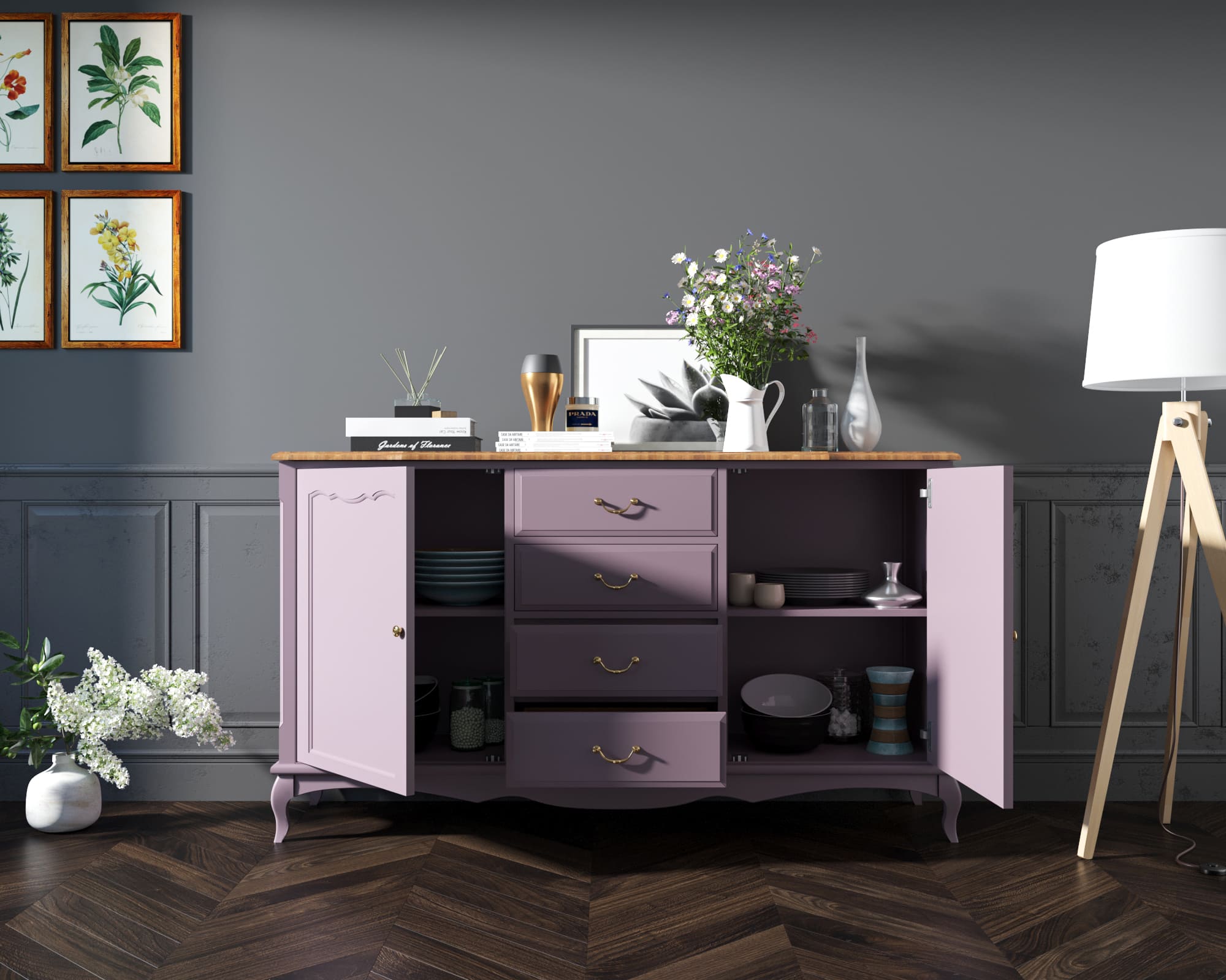 Комод из дерева "Leontina lavanda" с дверками и ящиками