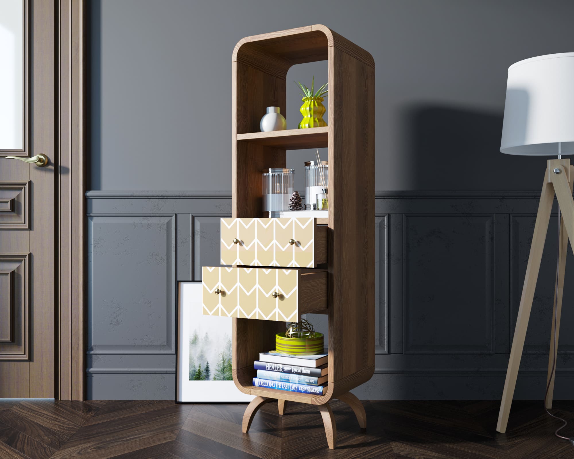 Стеллаж "Ellipse print" узкий с ящиками принт 1