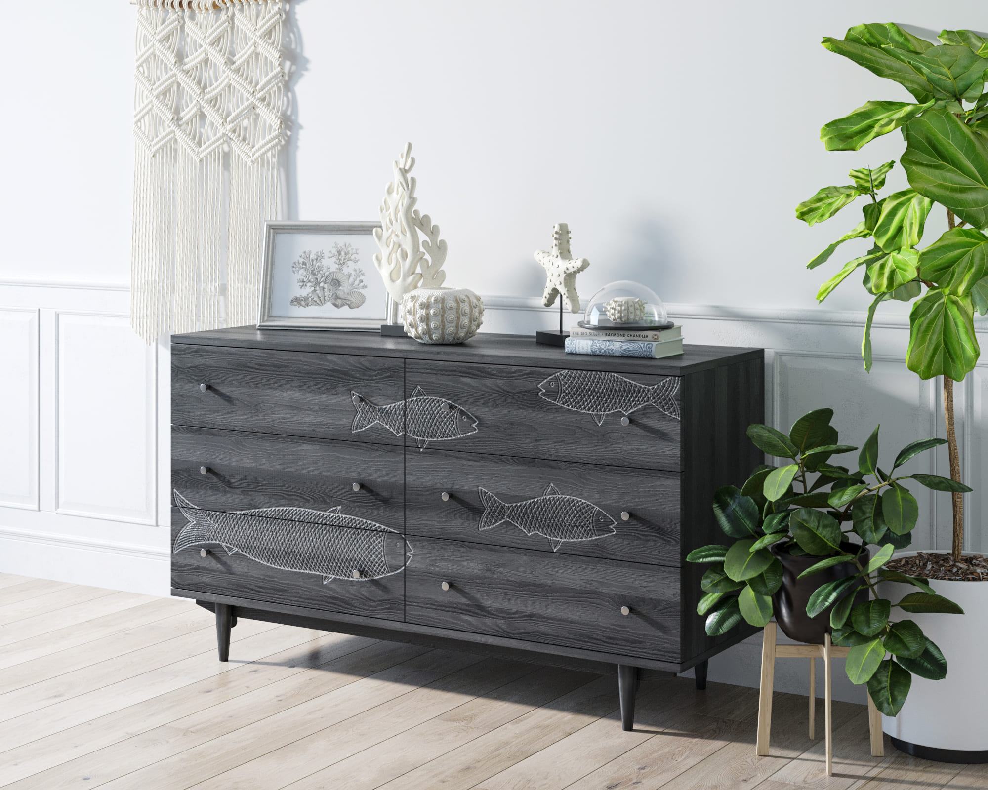 Комод "Boho" 6 ящиков с рыбами арт BH01