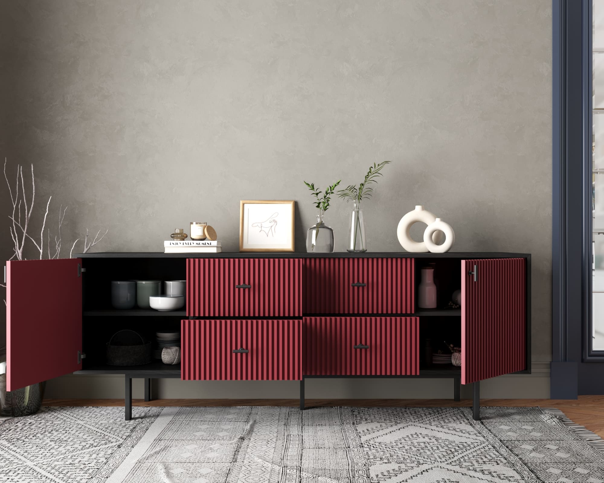 Комод две дверки и четыре ящика "Emerson" арт EM19/red/L