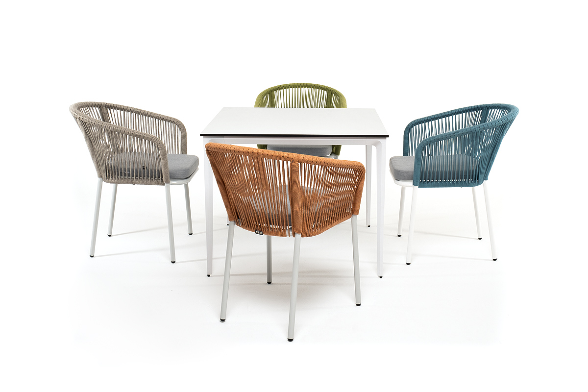 "Аркобалено" обеденная группа на 4 персоны со стульями "Марцелло", каркас белый, роуп цветной