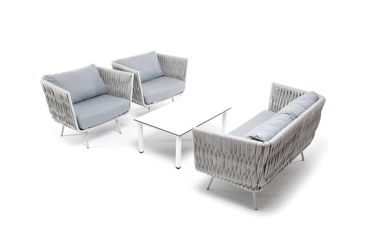 "Монарк" лаунж-зона 4-местная из роупа со столом "Каннизо" молочный, каркас светло-серый, роуп светло-серый