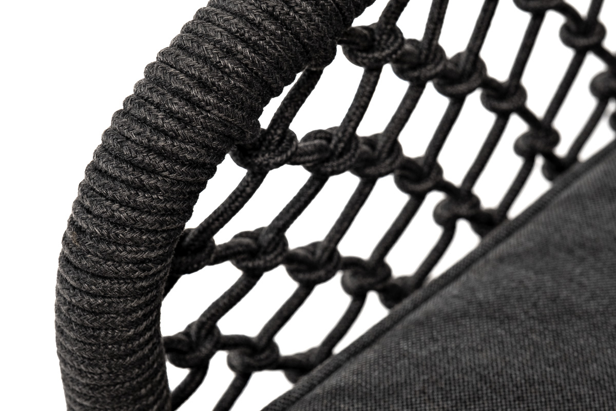 "Каннизо" кресло плетеное из роупа (узелки), основание дуб, роуп темно-серый круглый, ткань серая